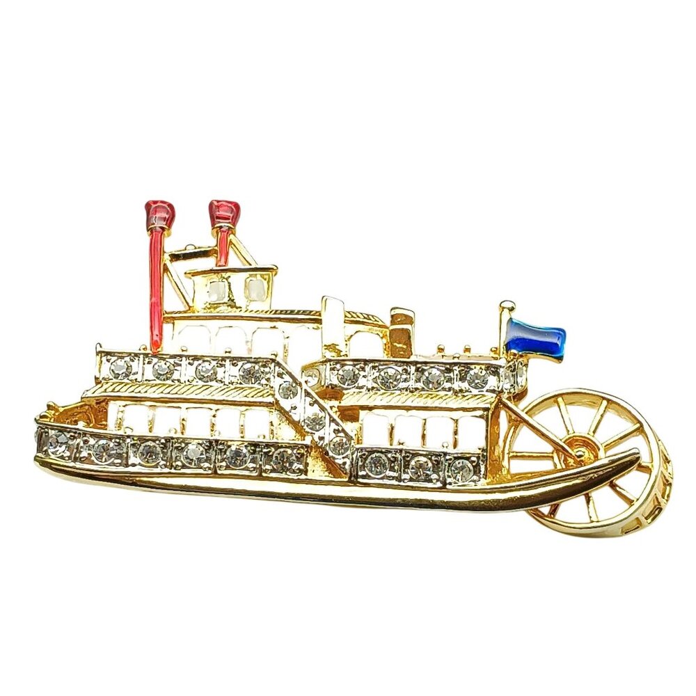 Vintage Gold-Tone Paddle Steamboat Brooch With Rhinestones & Enamel Details